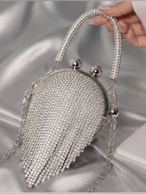 Luxury Crystal Fringe Teardrop
Evening Bag with Silver Chain Strap